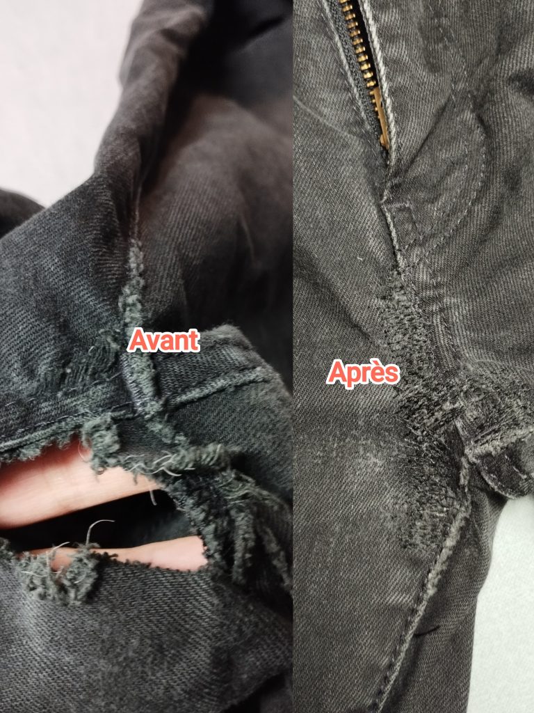 accro entrejambe jeans réparation raccommodage avant après retouche et réparation a Cognin