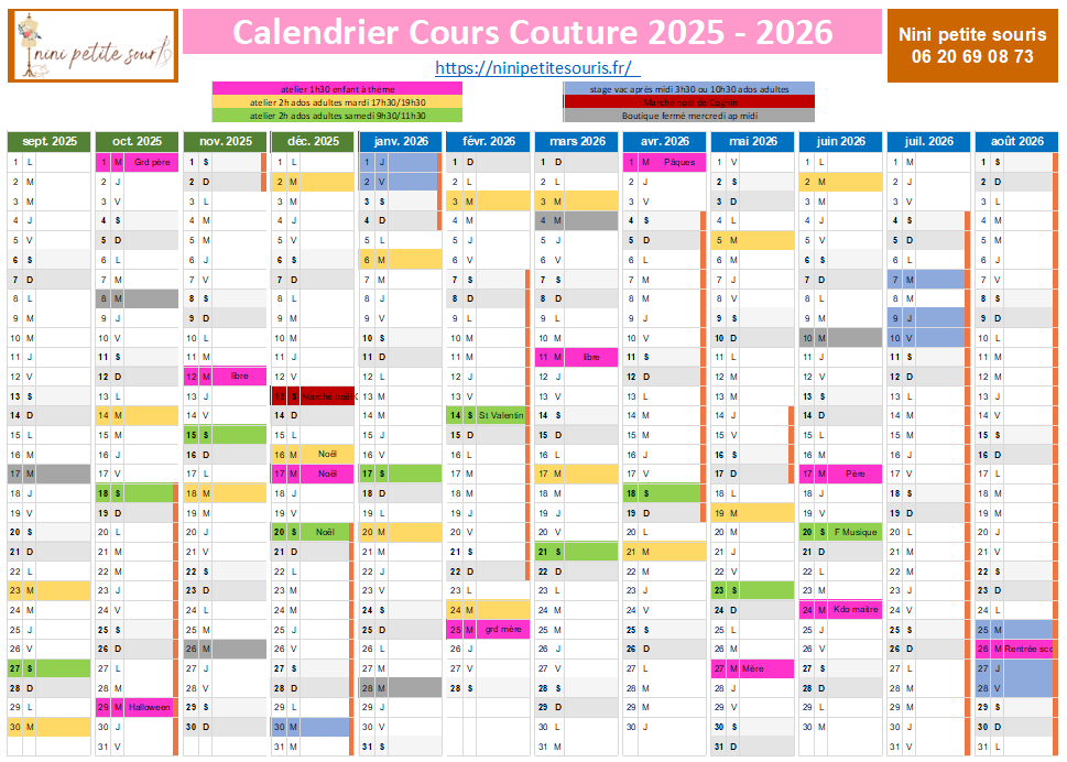 calendrier cours atelier stage 2025/2026