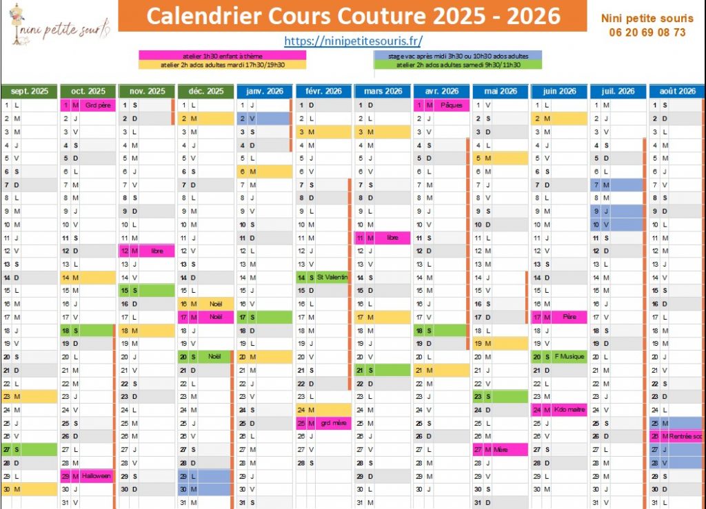 CALENDRIER cours et ateliers 2025/2026