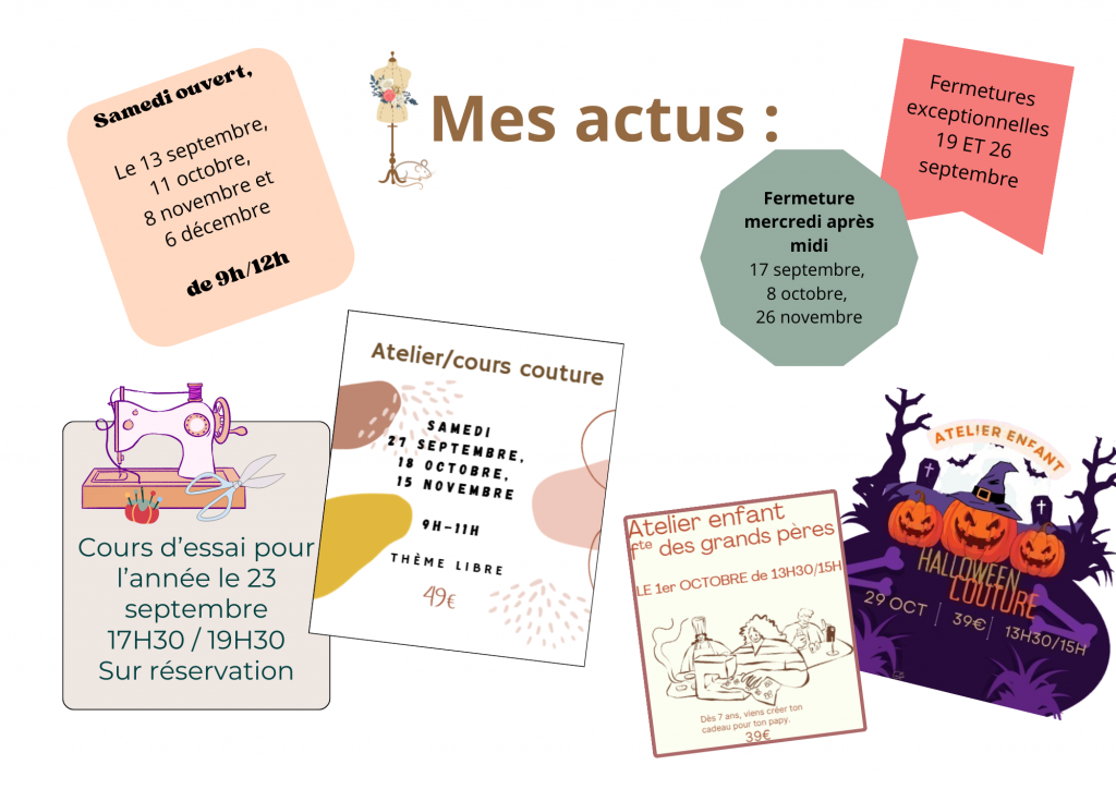 actualité de l'atelier de couture à Cognin, cours atelier enfant, ouverture et fermeture