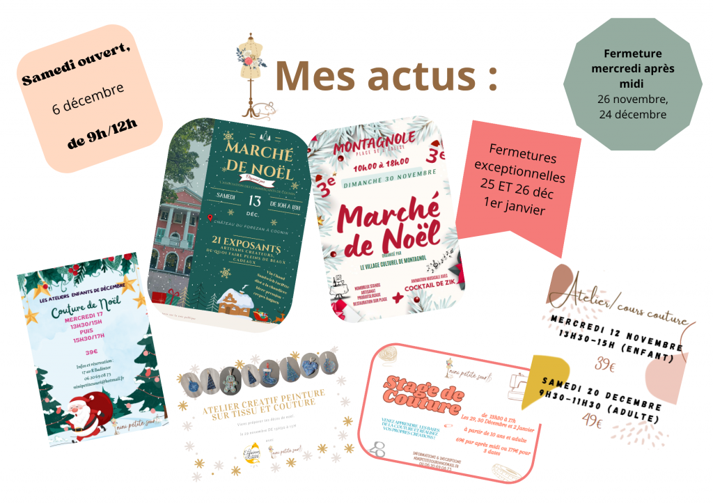 ACTUS novembre et décembre. marché de noël atelier stage de couture atelier peinture sur tissu 