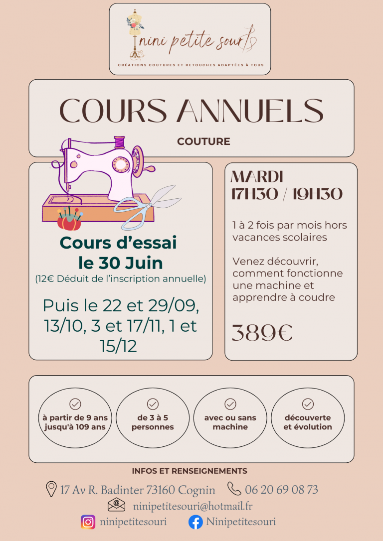 cours annuels, cours d'essai, couture, Cognin